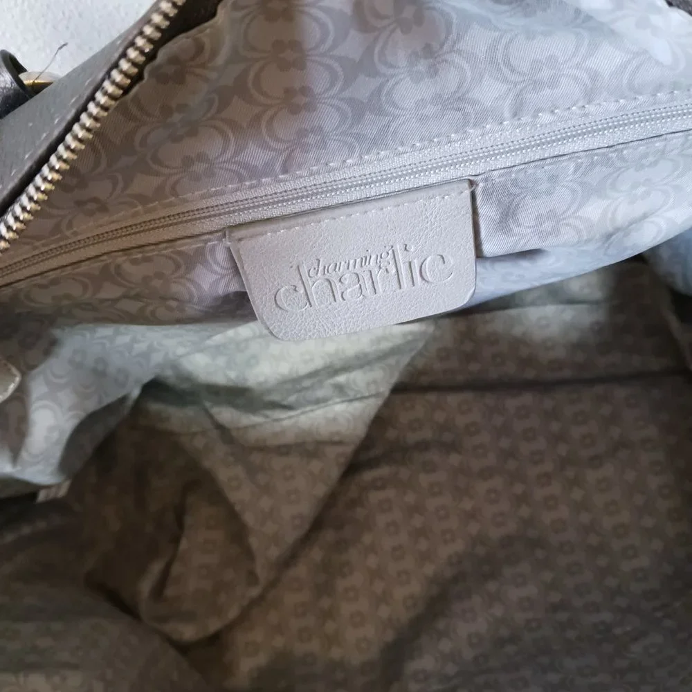 Charming Charlie Dark Gray Handbag Tote Buckles Zipped Closure - Picture 7 of 12